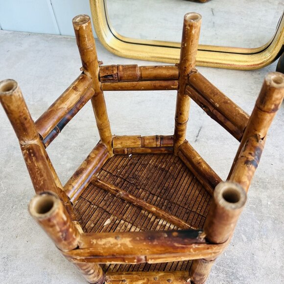 Vintage Hexagon Eclectic Burnt Tortoiseshell Bamboo Plant Stand / Side Table - Picture 7 of 8